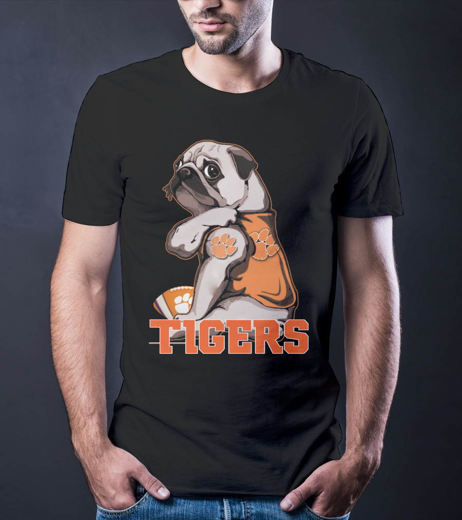 Pug Wearing Clemson Tigers Jersey With Paw Prints Football T-Shirt