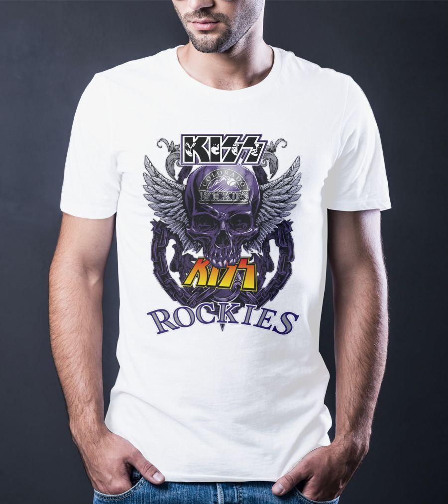 Kiss Colorado Rockies Skull Wings Logo Fusion T-Shirt