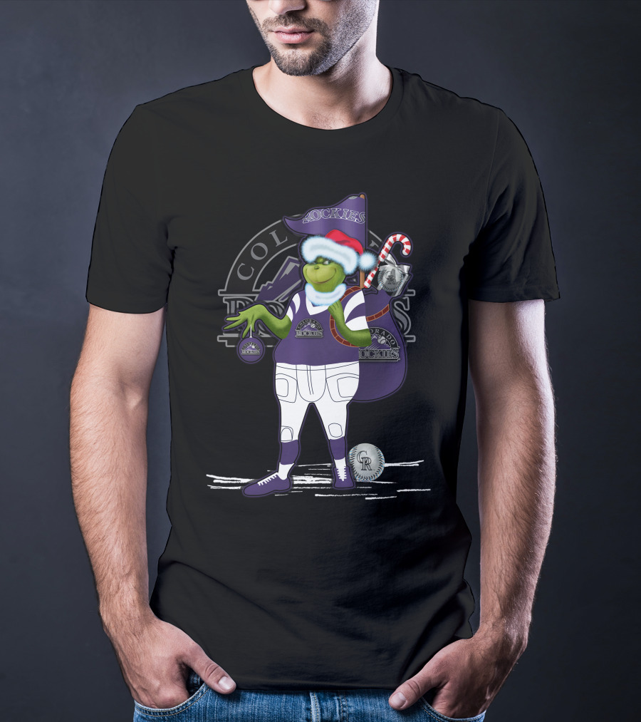Grinchxmas Colorado Rockies Santa Grinch With Baseball Gear And Candy Cane T-Shirt