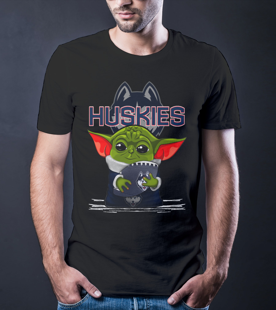 Huskies Yoda Holding Football With Connecticut Logo And Baby Yoda Character T-Shirt