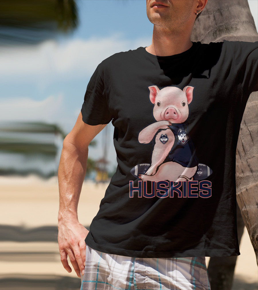 Pig Wearing Connecticut Huskies Logo Football Mascot T-Shirt