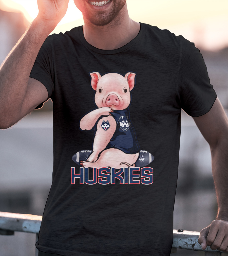 Pig Wearing Connecticut Huskies Logo Football Mascot T-Shirt