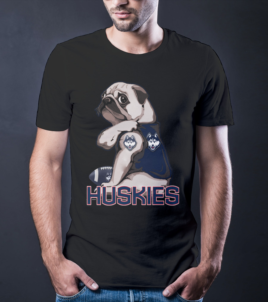Pug With Connecticut Huskies Logo And Football T-Shirt