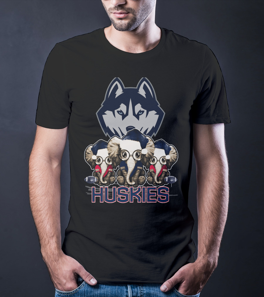 Elephant Xmas Connecticut Huskies Trio With Santa Hats And Glasses T-Shirt