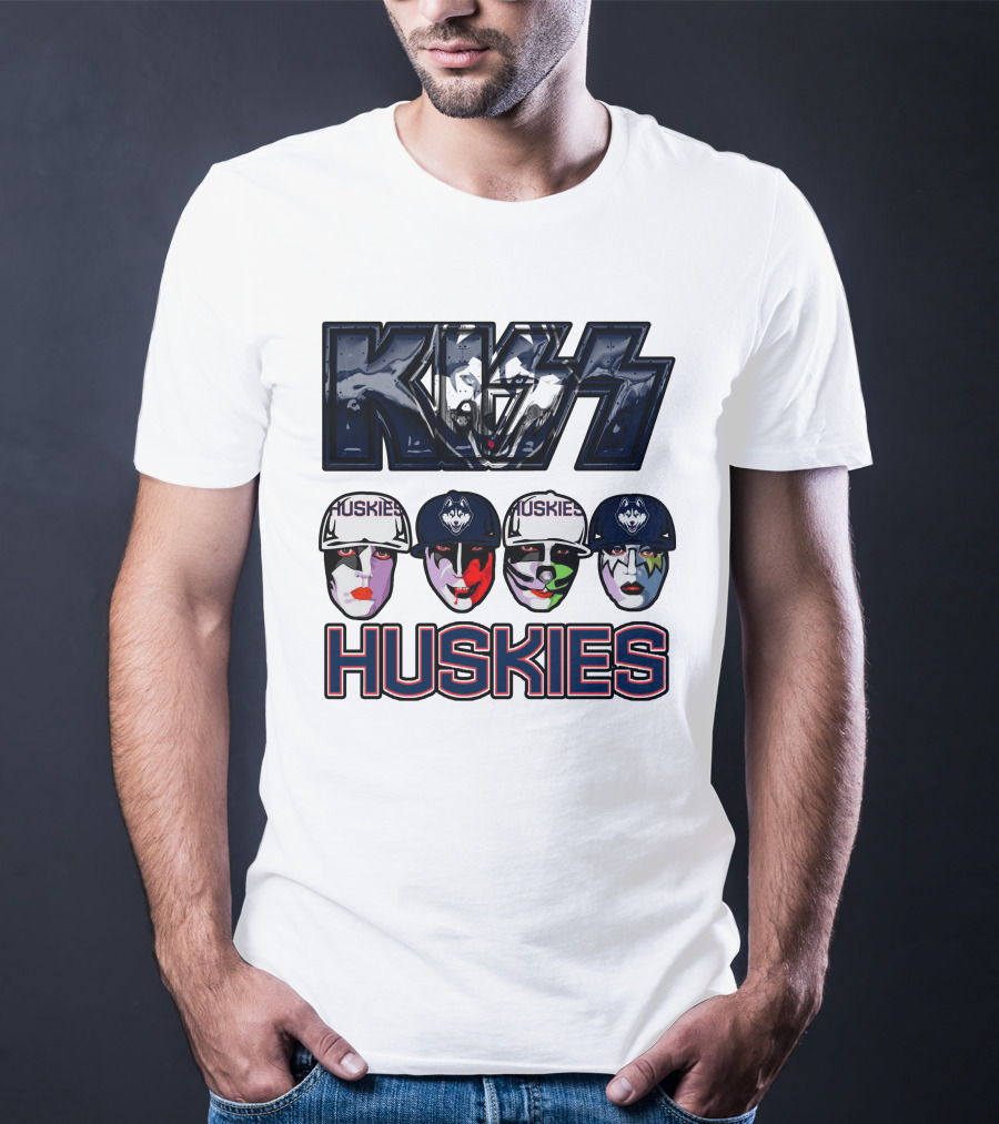 Kiss Band Style Logo With Connecticut Huskies Faces And Hats T-Shirt
