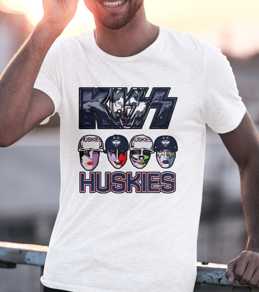 Kiss Band Style Logo With Connecticut Huskies Faces And Hats T-Shirt