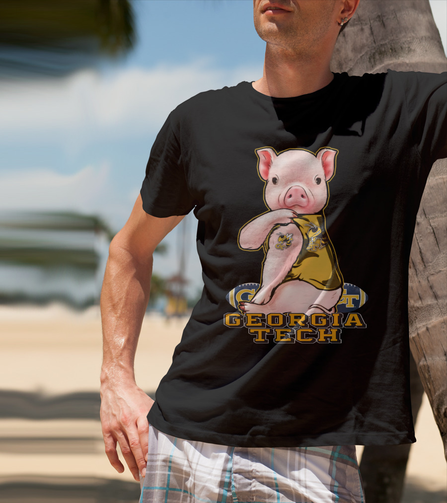 Pig Wearing Georgia Tech Yellow Jackets Mascot Jersey T-Shirt