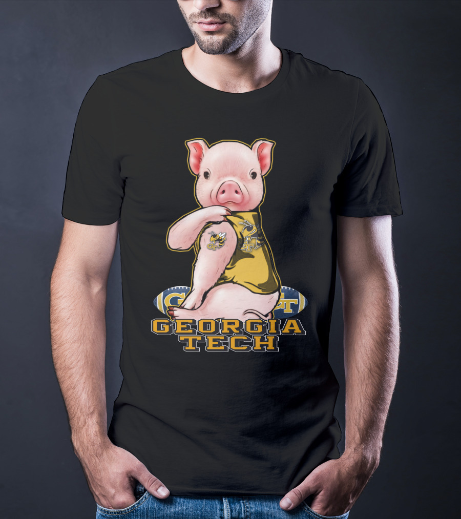 Pig Wearing Georgia Tech Yellow Jackets Mascot Jersey T-Shirt