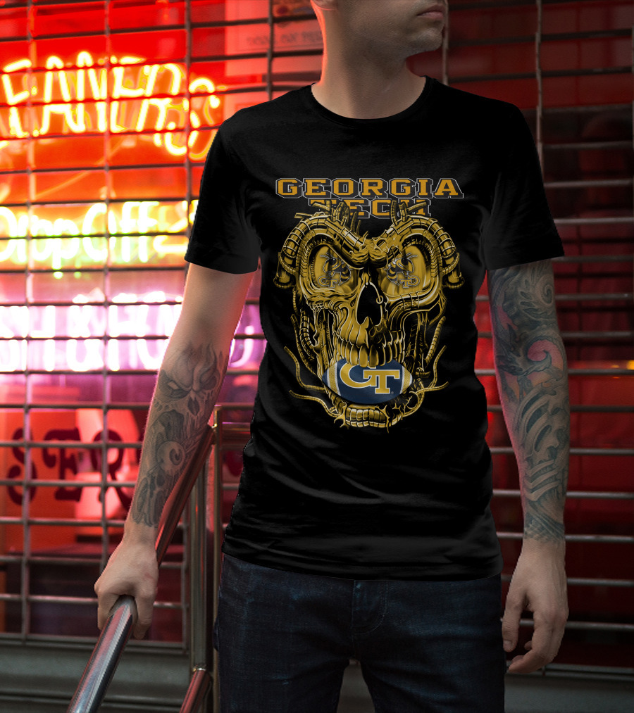 Georgia Tech Yellow Jackets Skull With GT Football And Mechanical Details T-Shirt