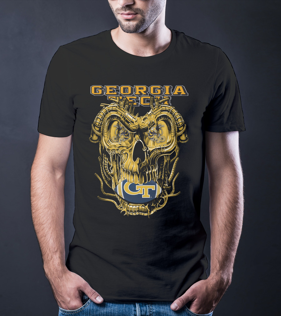 Georgia Tech Yellow Jackets Skull With GT Football And Mechanical Details T-Shirt