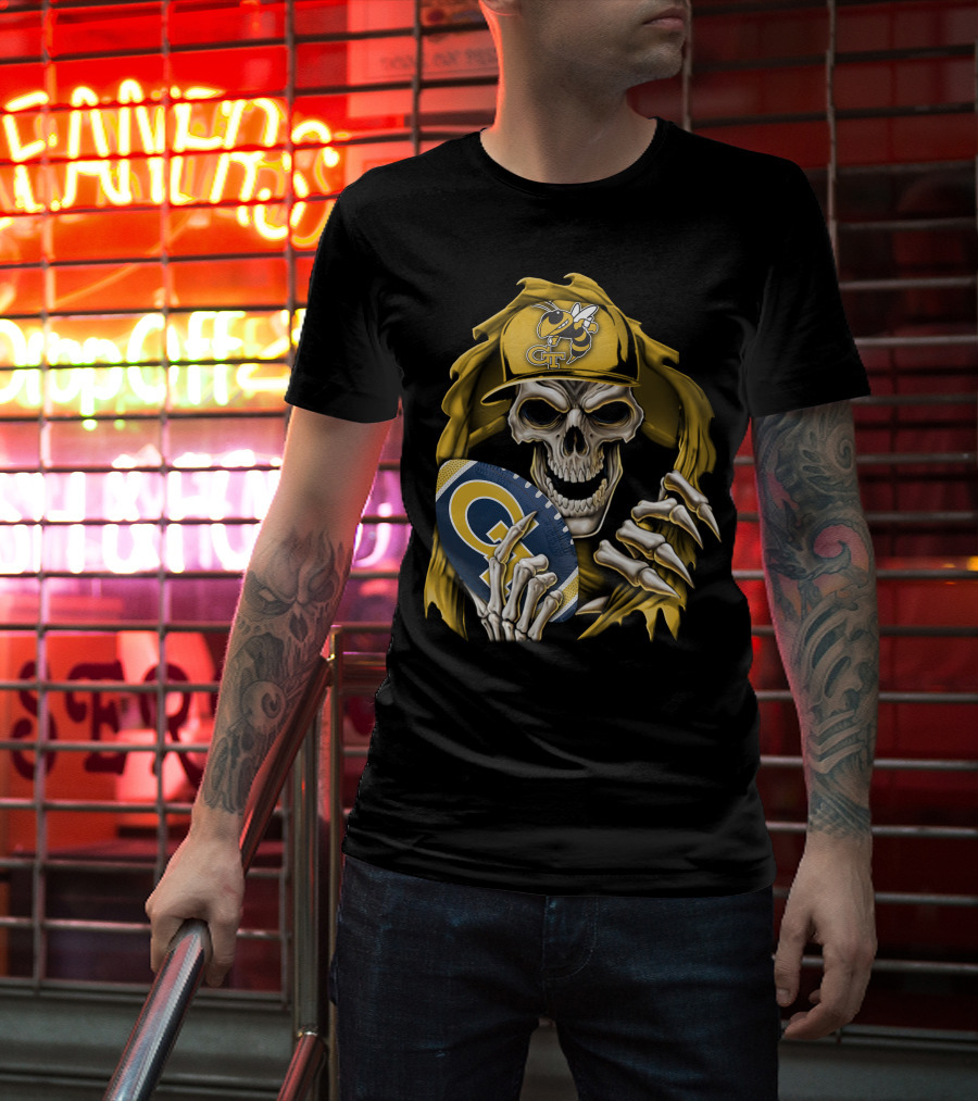 Skullbong Georgia Tech Yellow Jackets Grim Reaper Holding GT Football With Yellow Jacket Cap T-Shirt