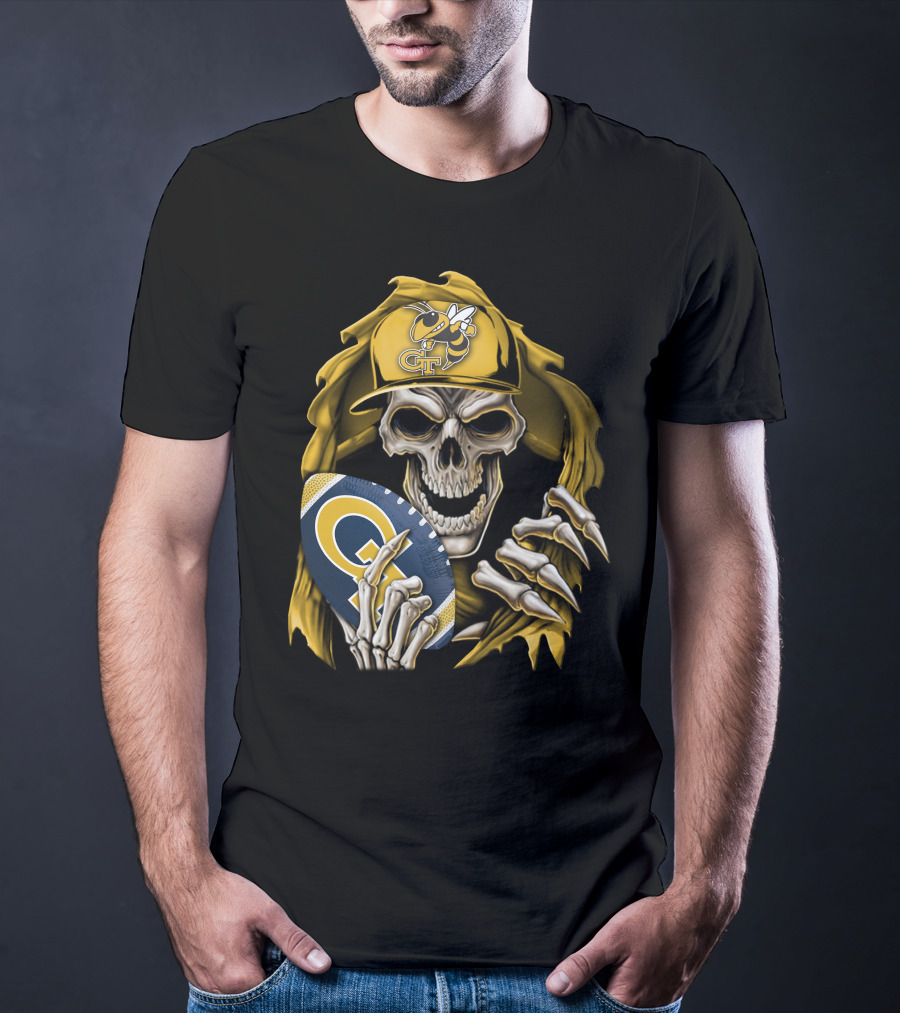Skullbong Georgia Tech Yellow Jackets Grim Reaper Holding GT Football With Yellow Jacket Cap T-Shirt