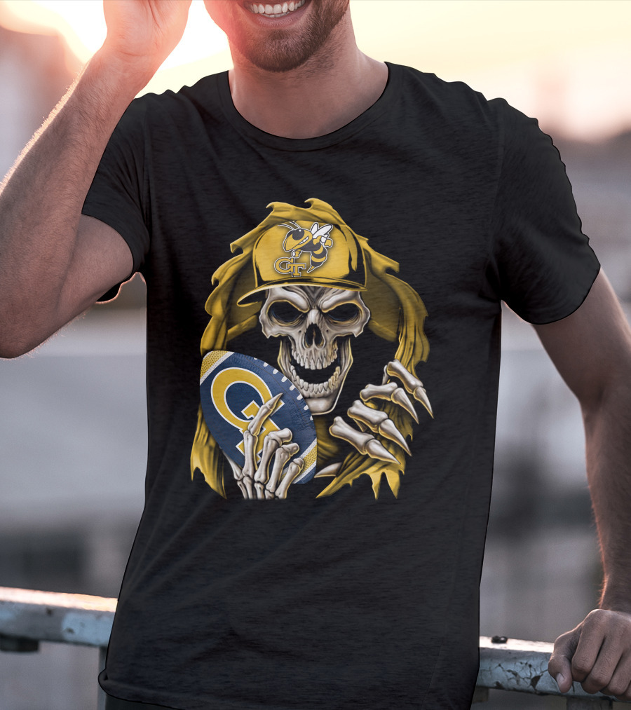 Skullbong Georgia Tech Yellow Jackets Grim Reaper Holding GT Football With Yellow Jacket Cap T-Shirt