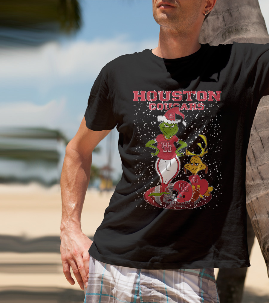 Houston Cougars Grinch Holiday Football Snow Scene T-Shirt