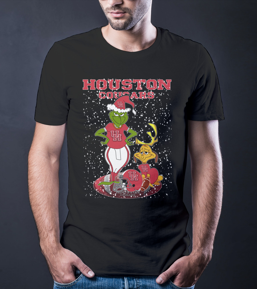 Houston Cougars Grinch Holiday Football Snow Scene T-Shirt