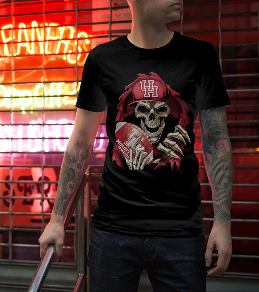 Skullbong Houston Cougars Skeleton Holding Football With UH T-Shirt