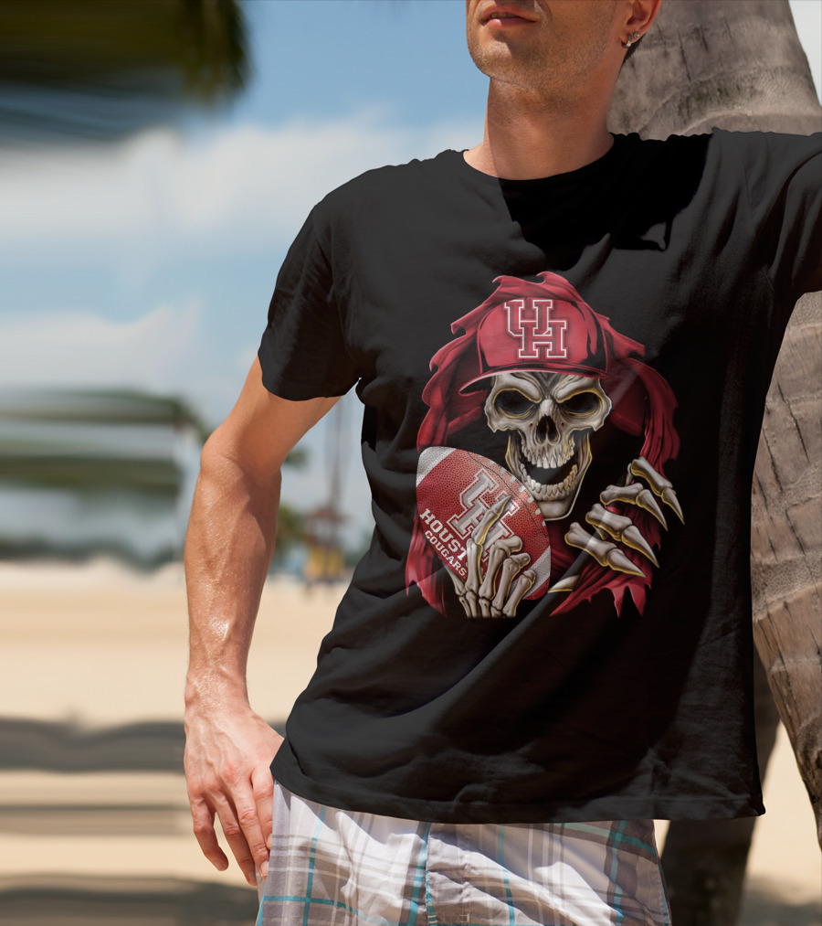 Skullbong Houston Cougars Skeleton Holding Football With UH T-Shirt