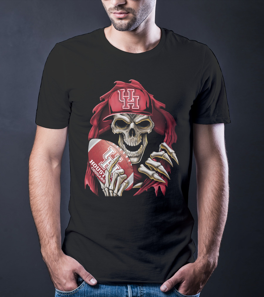 Skullbong Houston Cougars Skeleton Holding Football With UH T-Shirt