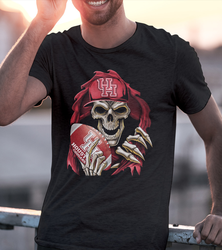 Skullbong Houston Cougars Skeleton Holding Football With UH T-Shirt