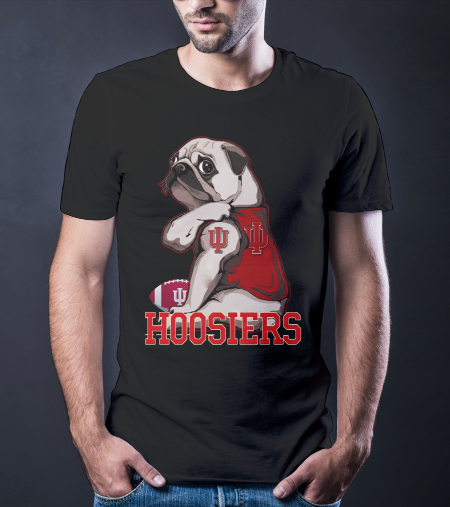 Pug Wearing Indiana Hoosiers Football Jersey With IU T-Shirt