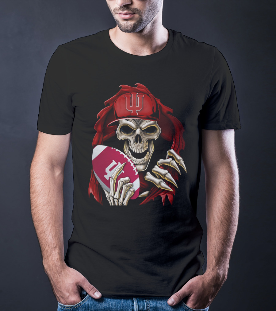 Indiana Hoosiers Skull Holding Football T-Shirt