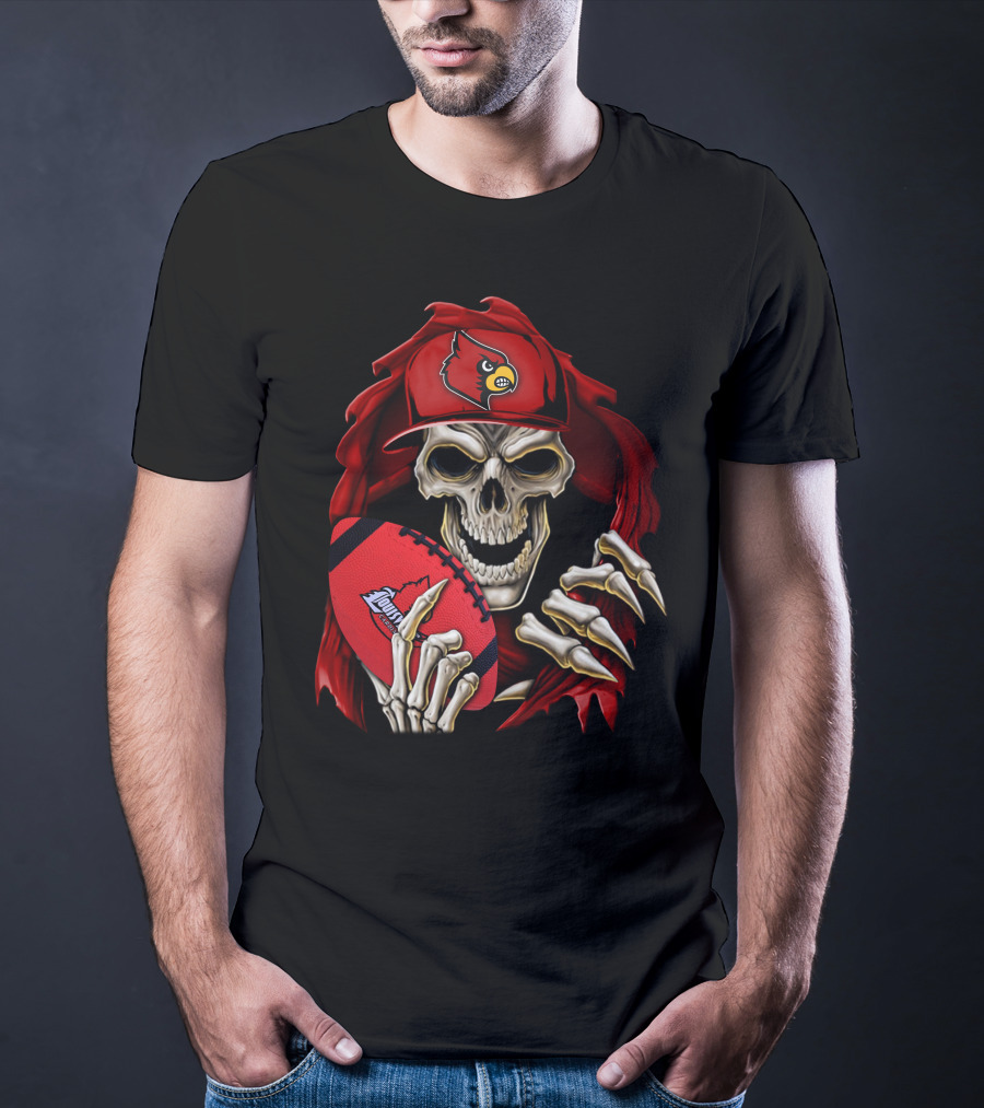 Skullbong Louisville Cardinals Skeleton With Football And Cap T-Shirt