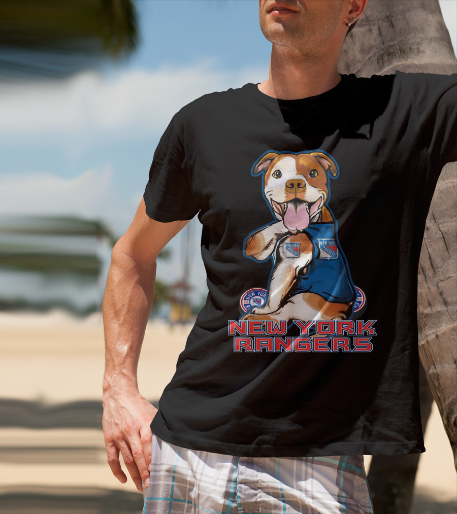 New York Rangers Pitbull With Logo And Paw Up T-Shirt