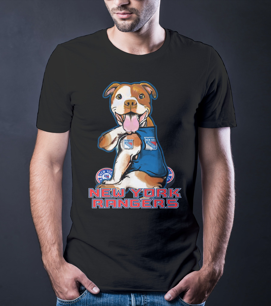 New York Rangers Pitbull With Logo And Paw Up T-Shirt