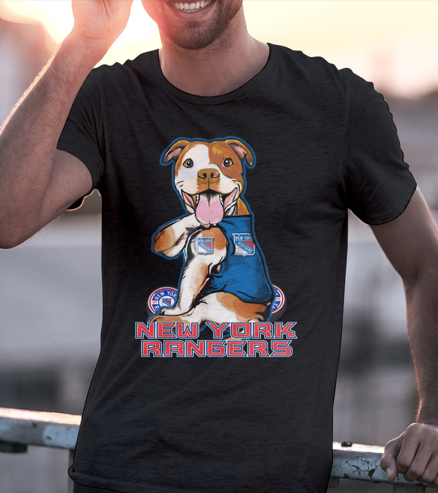 New York Rangers Pitbull With Logo And Paw Up T-Shirt