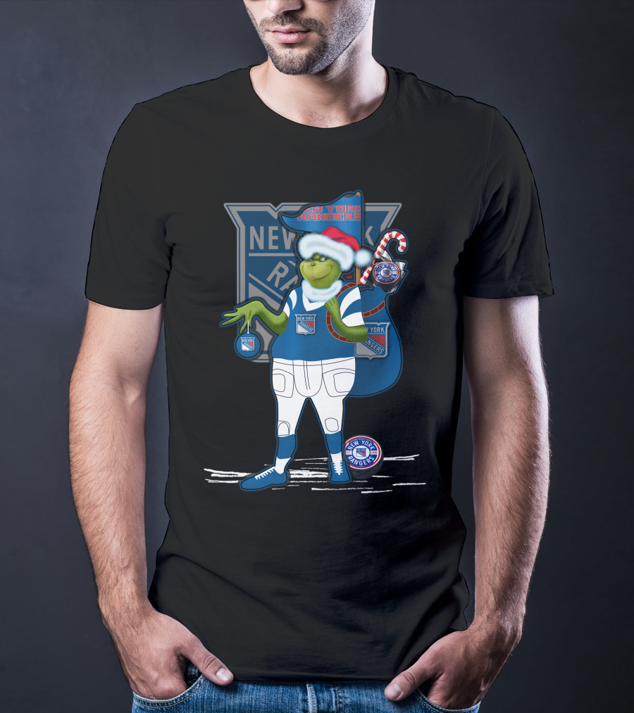 Grinch New York Rangers Christmas Santa Hat Candy Cane T-Shirt