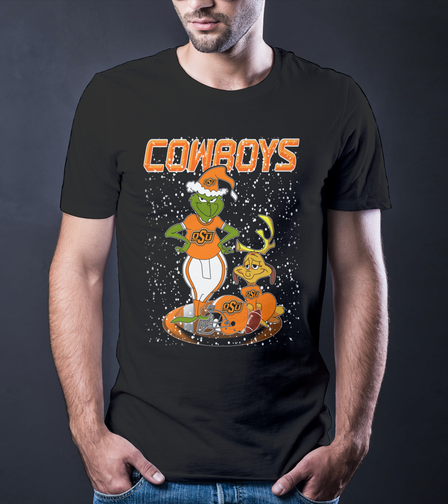 Grinchxmas OSU Cowboys Snowy Holiday Football T-Shirt