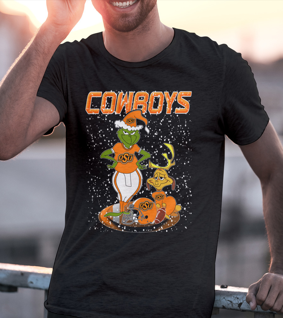 Grinchxmas OSU Cowboys Snowy Holiday Football T-Shirt