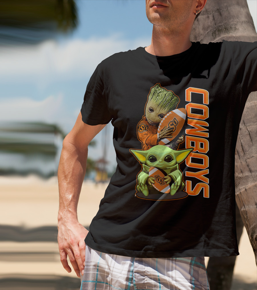 Grzd Oklahoma State Cowboys Groot Baby Yoda Football T-Shirt