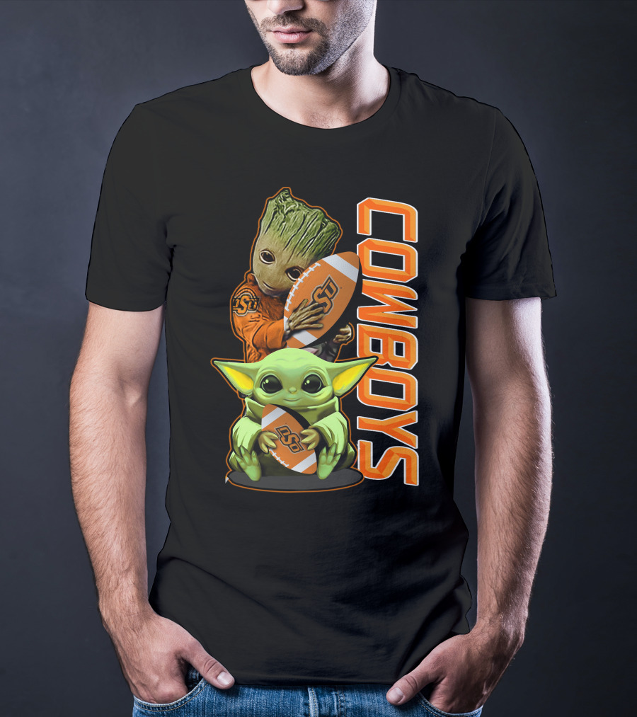 Grzd Oklahoma State Cowboys Groot Baby Yoda Football T-Shirt