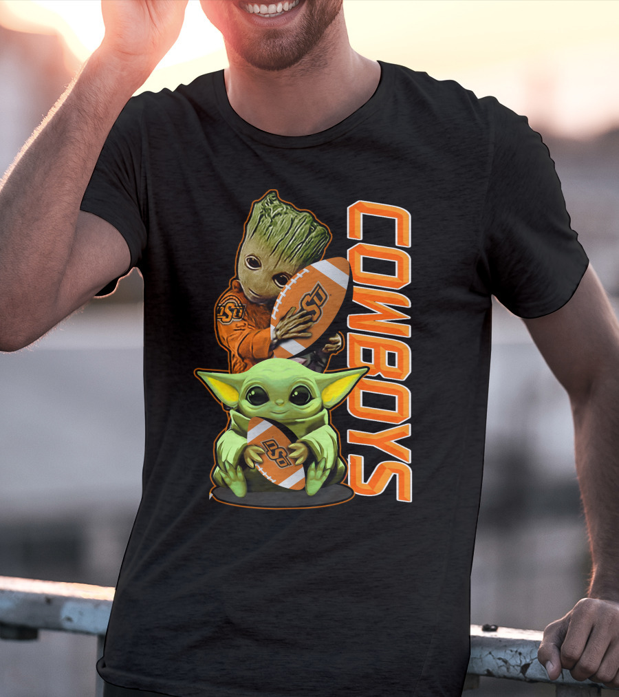 Grzd Oklahoma State Cowboys Groot Baby Yoda Football T-Shirt