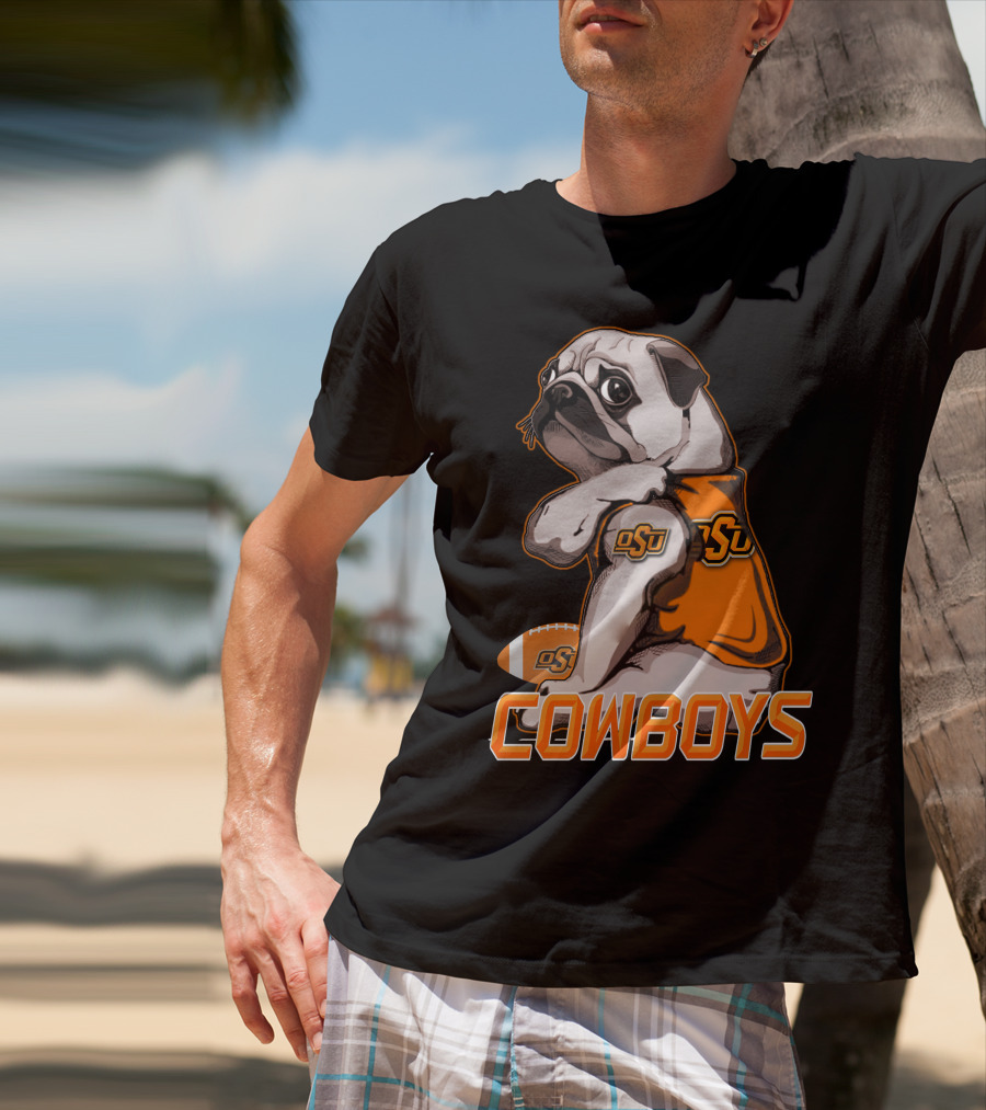 OSU Pug With Football And Cowboys Text T-Shirt