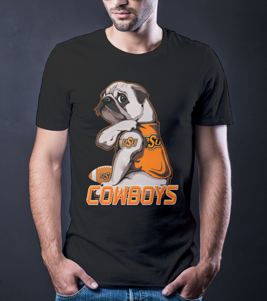 OSU Pug With Football And Cowboys Text T-Shirt