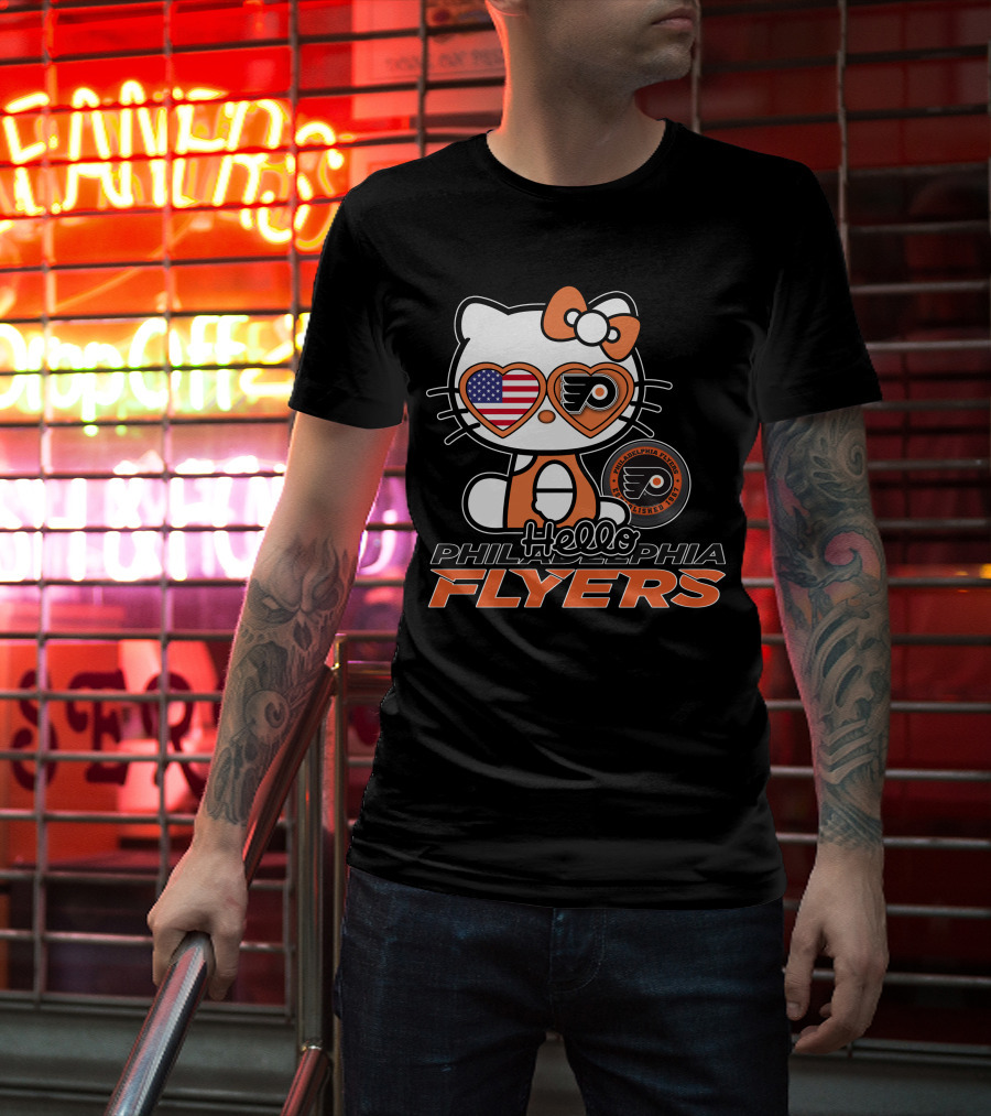 Hello Kitty Philadelphia Flyers American Flag Heart Glasses T-Shirt