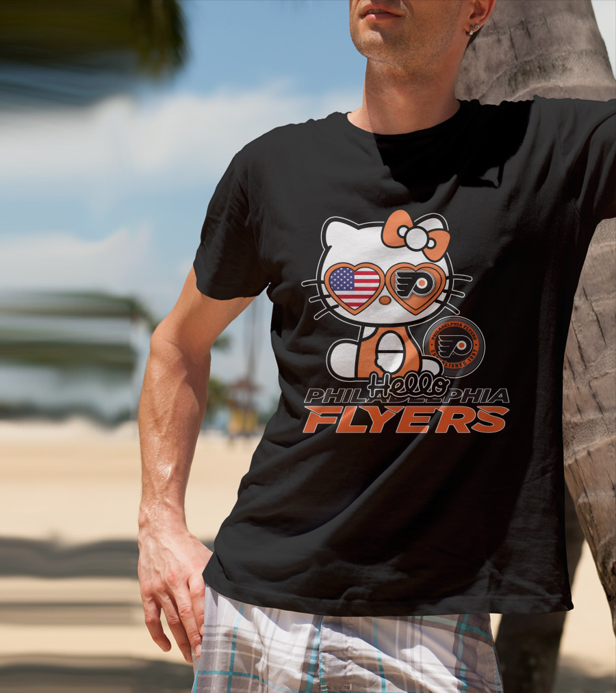 Hello Kitty Philadelphia Flyers American Flag Heart Glasses T-Shirt