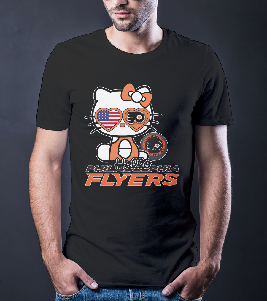 Hello Kitty Philadelphia Flyers American Flag Heart Glasses T-Shirt