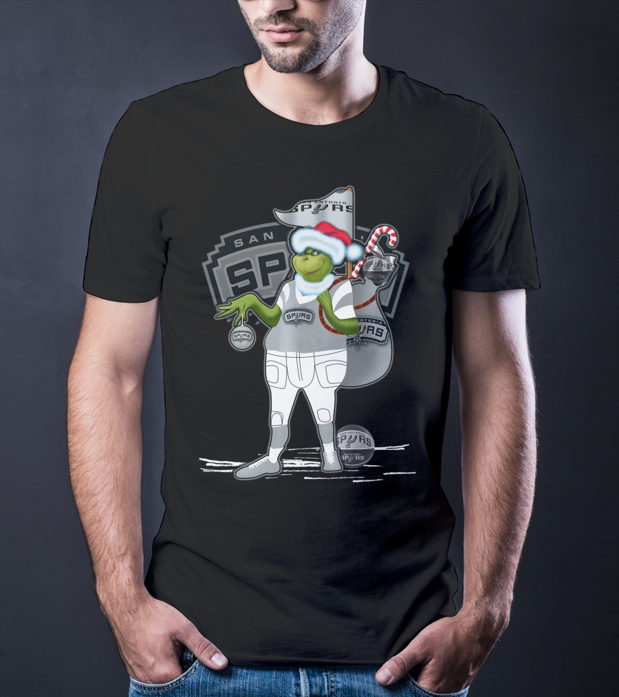 Grinch Santa Hat Holding Ornament San Antonio Spurs Christmas Sack T-Shirt