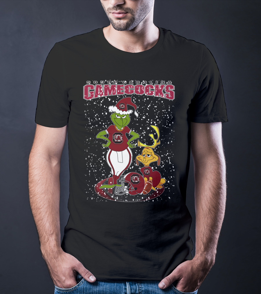 Grinchxmas South Carolina Gamecocks Holiday Football Santa Grinch And Max T-Shirt