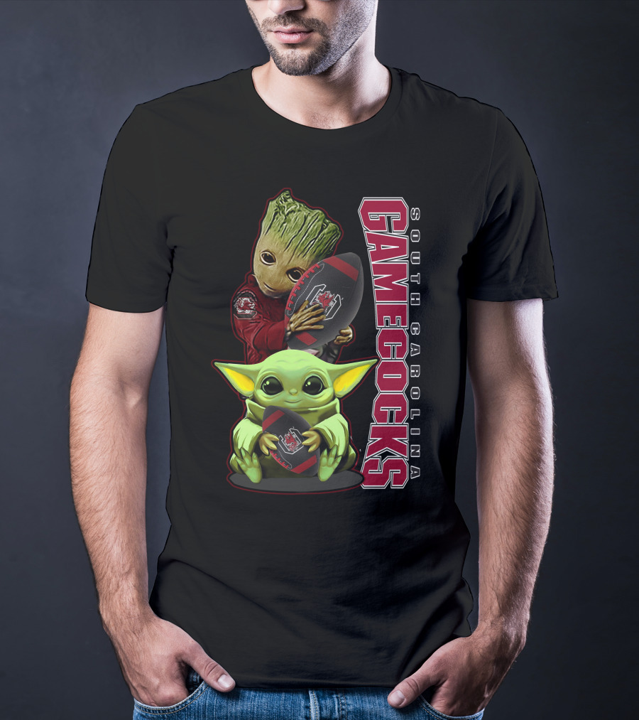 Groot And Baby Yoda Holding South Carolina Gamecocks Football T-Shirt