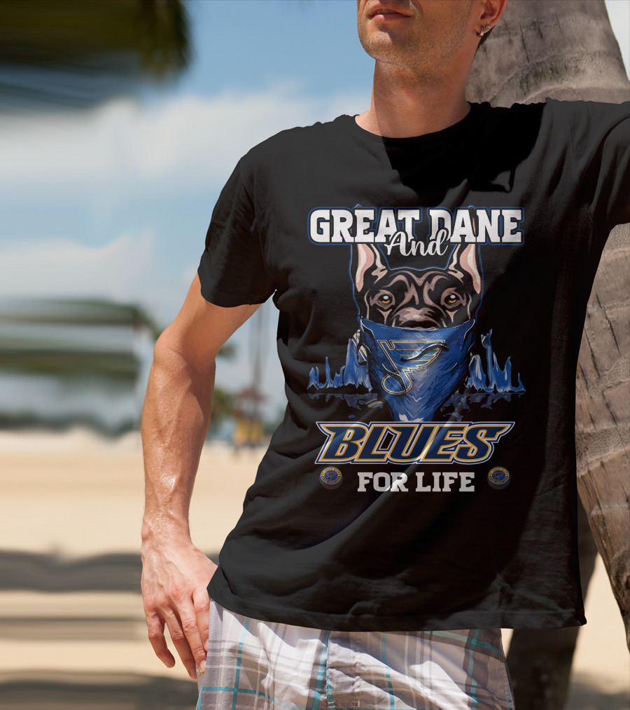 Great Dane And St. Louis Blues For Life With Blues Logo Bandana T-Shirt