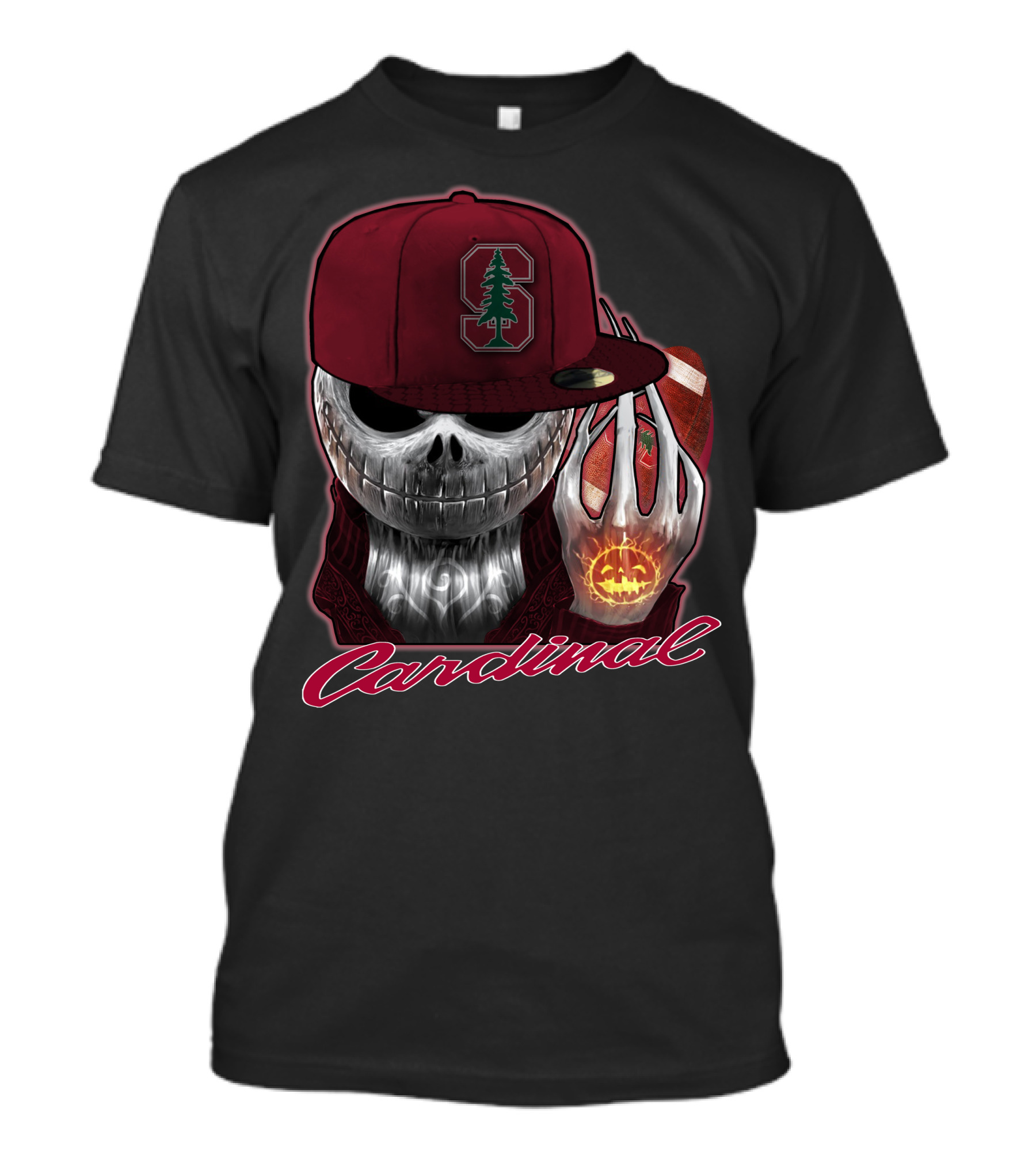 Jackskull Holding Football With Stanford Cardinal Hat And Glowing Pumpkin T-Shirt