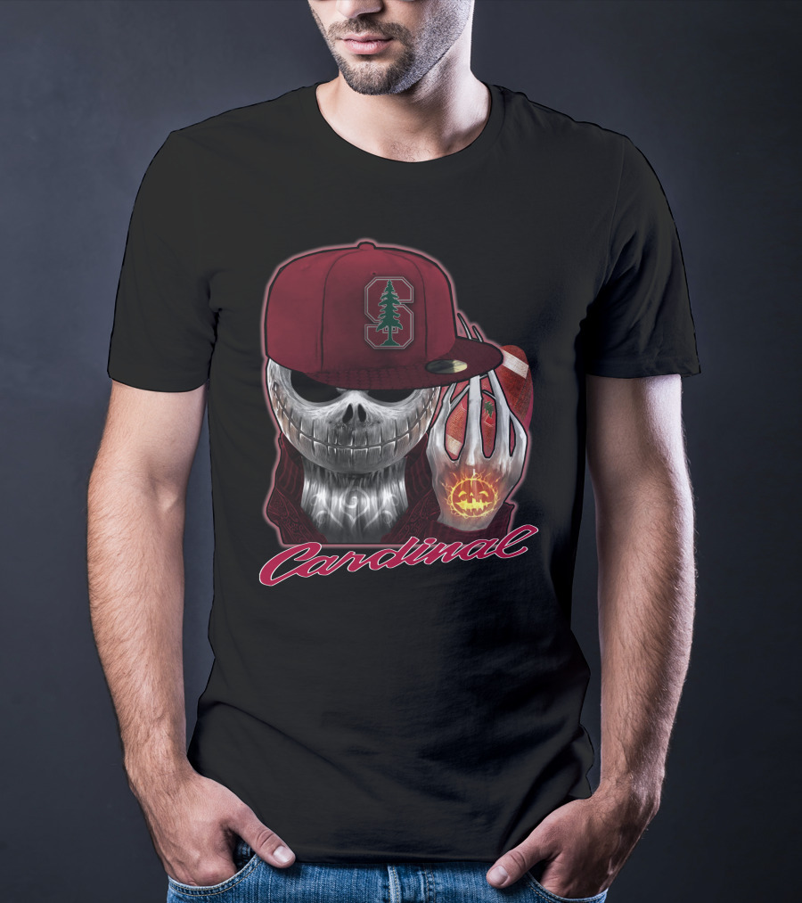 Jackskull Holding Football With Stanford Cardinal Hat And Glowing Pumpkin T-Shirt