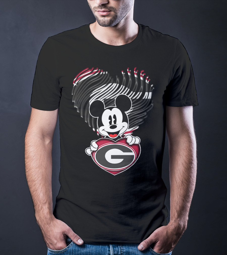 Mick Georgia Bulldogs Heart With G Logo And Black Red Stripes T-Shirt