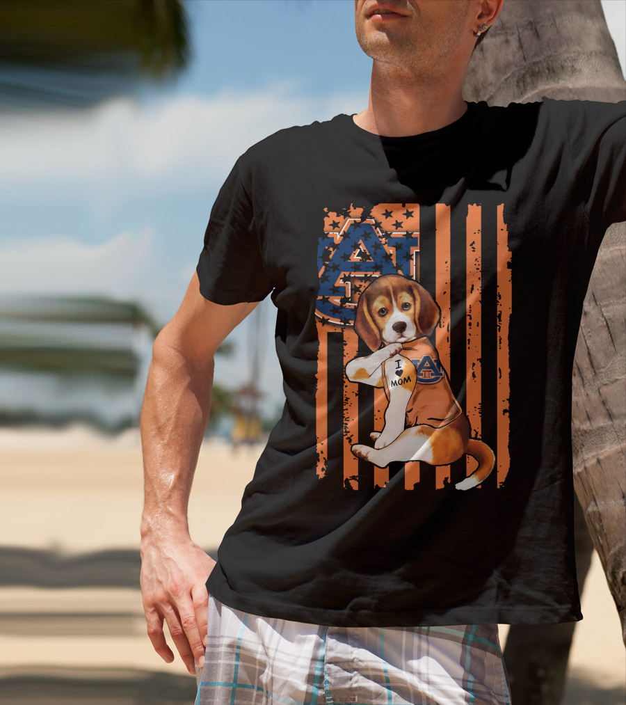 Auburn Tigers Beagle With I Love Mom Tattoo On Auburn T-Shirt