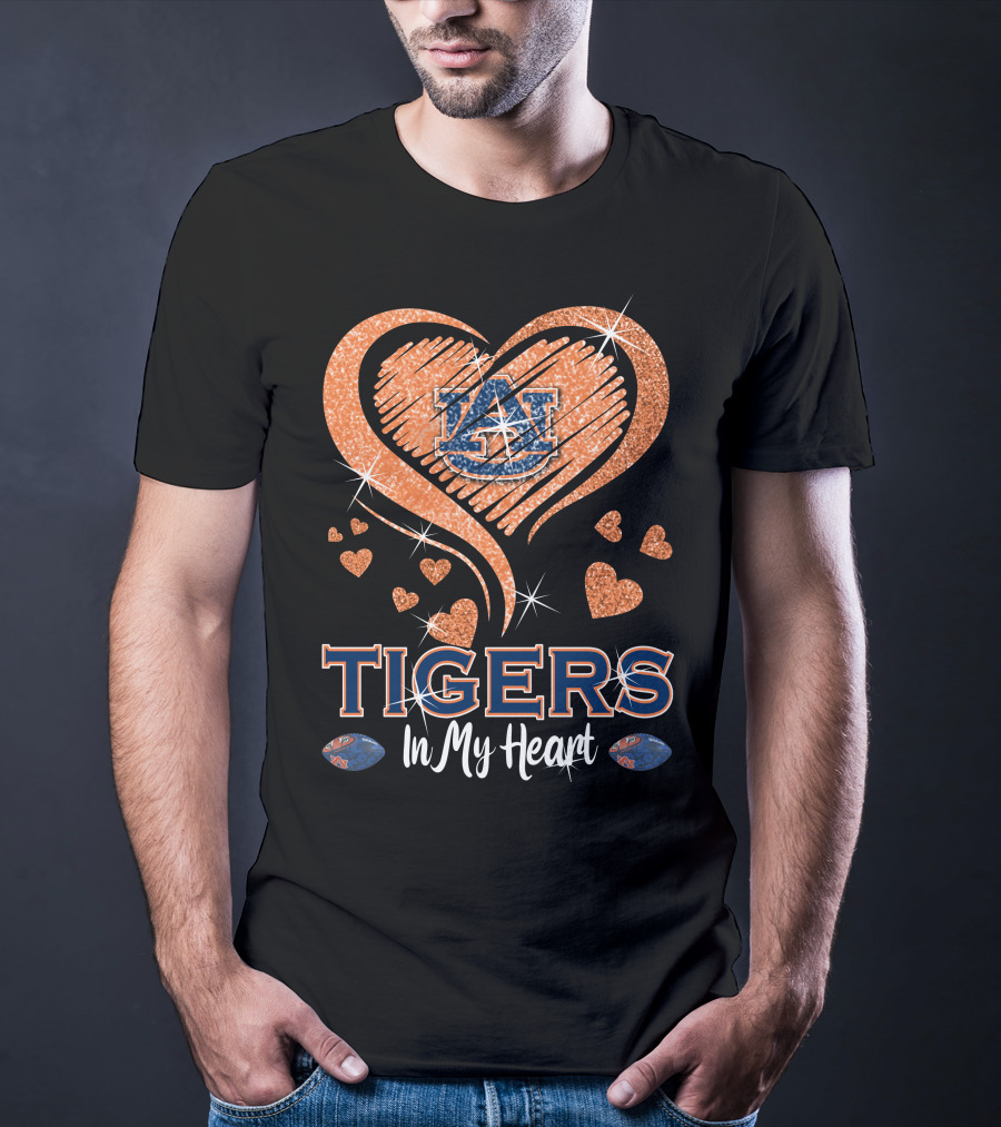Tigers In My Heart Auburn University Logo With Glitter Hearts T-Shirt