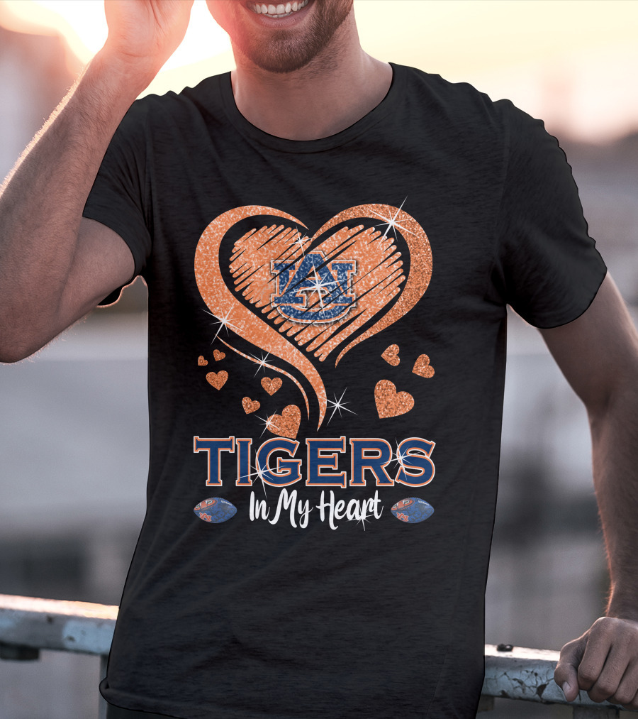 Tigers In My Heart Auburn University Logo With Glitter Hearts T-Shirt